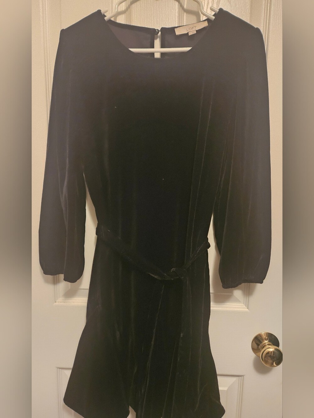 LOFT Black Velvet Long Sleeve Tie Waist Midi Dress